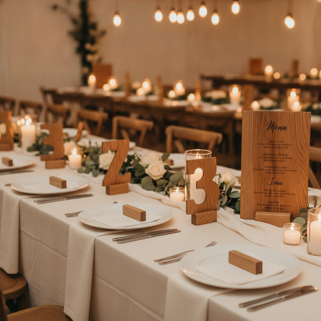 Laser-engraved wood event products and table decor